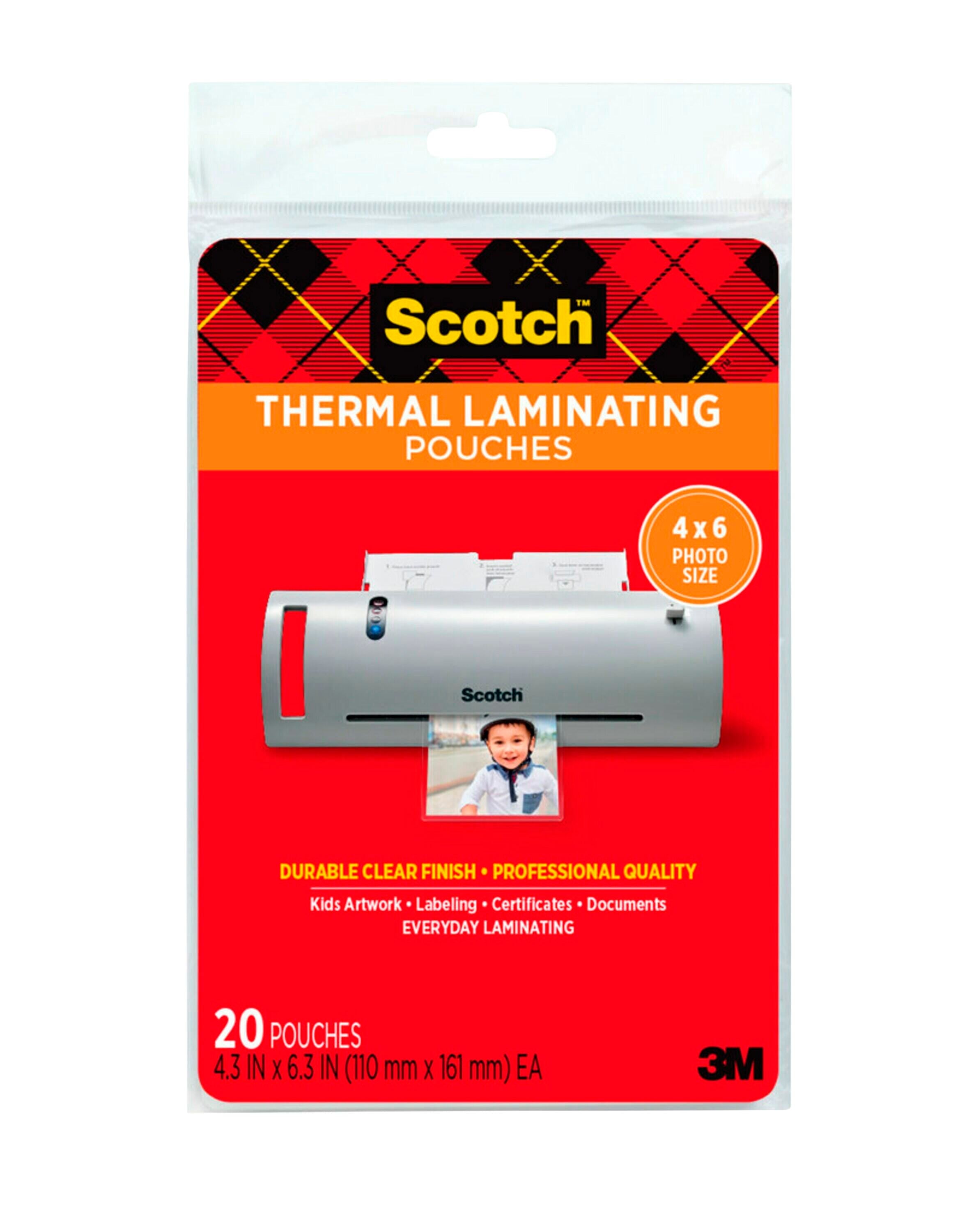 LAMINATING POUCHES SCOTCH - 4-1/3 X 6-1/3 INCH - 5MIL - PK OF 20