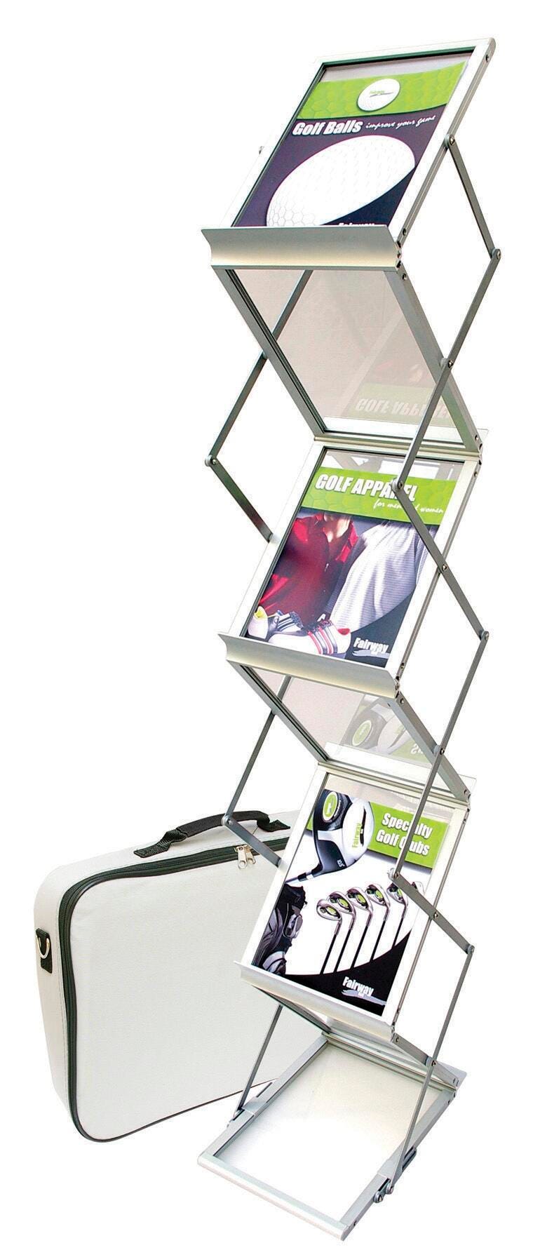 MEDIA DISPLAY - PORTABLE LITERATURE DISPLAY WITH CASE - MAGAZINE - 6 SHELVES - 11 W X 4 D X 60 H IN - SILVER COLOR