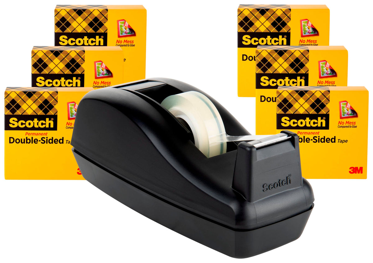 TAPE SCOTCH DOUBLE-SIDED TAPE 0.50 IN X 900 IN W/BLACK C-40 DISPENSER - PACK OF 6 ROLLS