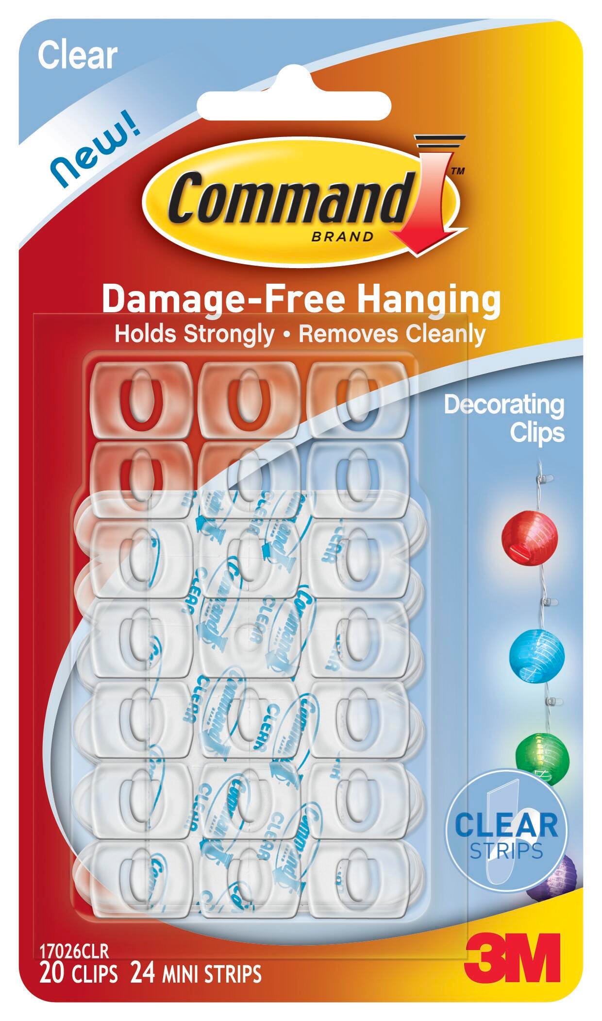 CLIPS COMMAND DECORATING CLEAR W/CLEAR STRIPS - PACK/20 CLIPS