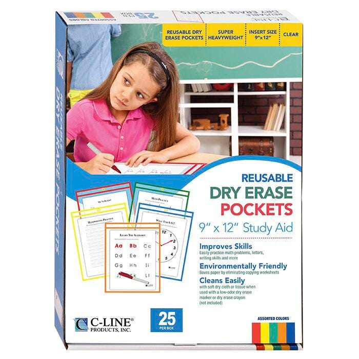 DRY ERASE POCKET REUSABLE 9X12 ASST PRIMARY COLORS PACK OF 25
