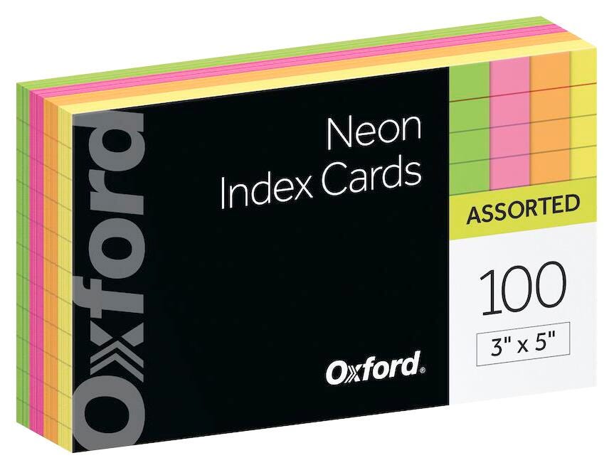 INDEX CARDS 3X5 RULED ASST NEON COLORS OXFORD PK OF 100