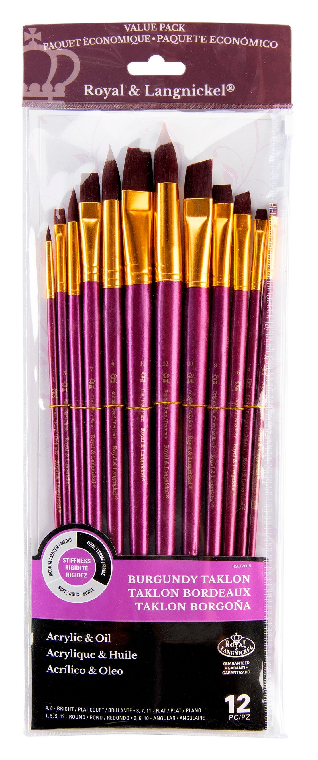 BRUSH ZIP N CLOSE FIRM BURGUNDY TAKLON SET OF 12