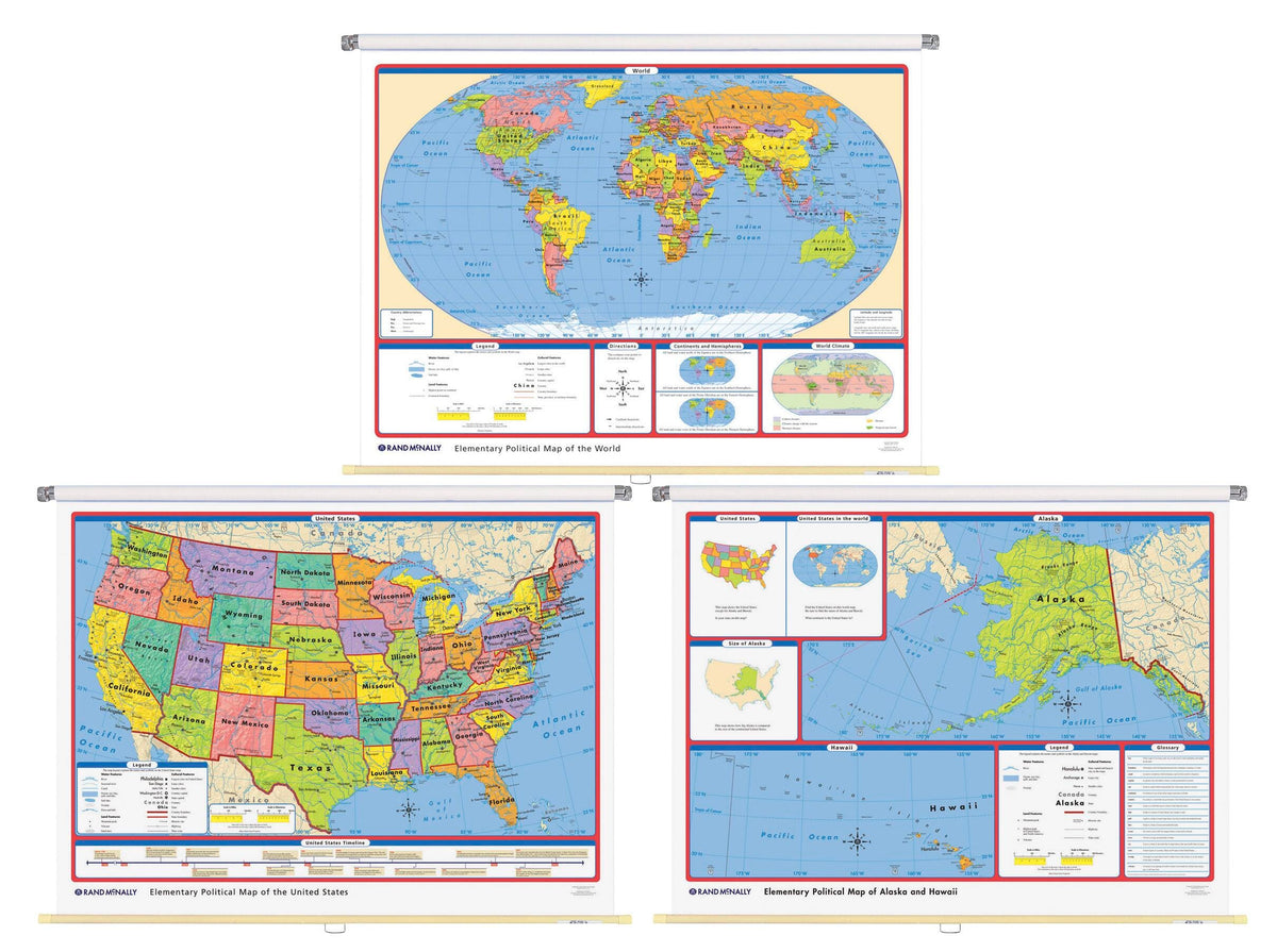 MAP ELEMENTARY POLITICAL WLRD/US/AK+HI WALL MAP CMBO GR 2-5