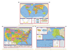 MAP ELEMENTARY POLITICAL WLRD/US/AK+HI WALL MAP CMBO GR 2-5