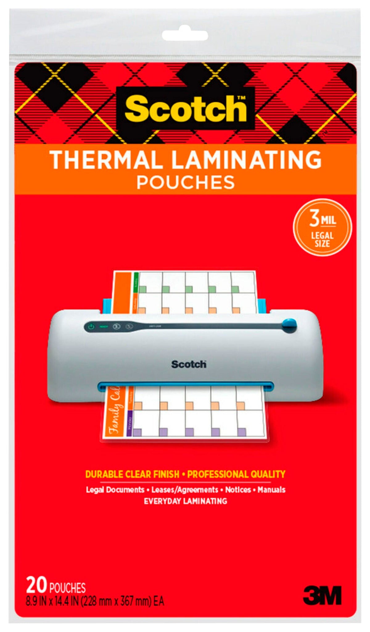 LAMINATING POUCHES - SCOTCH LEGAL SIZE 9 X 14-1/2 IN - 3 MIL - PK OF 20