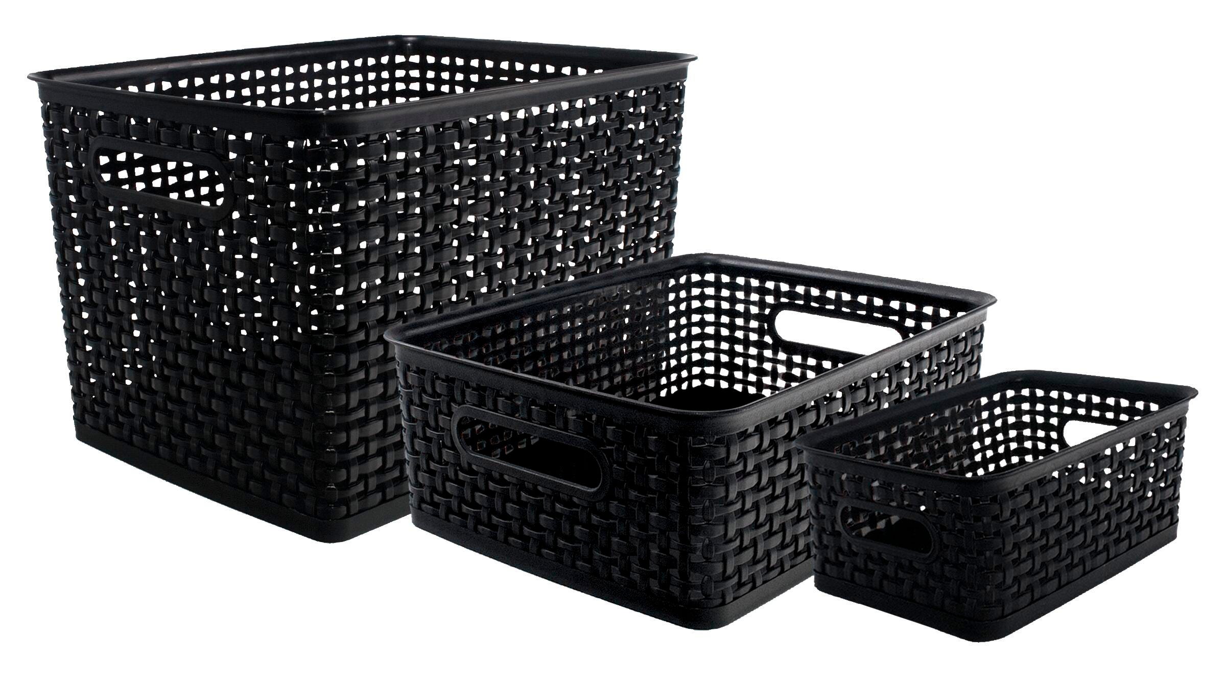 ORGANIZER BINS PLASTIC WEAVE SMALL MEDIUM AND LARGE BLACK PACK OF 3