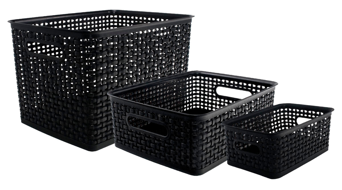 ORGANIZER BINS PLASTIC WEAVE SMALL MEDIUM AND LARGE BLACK PACK OF 3