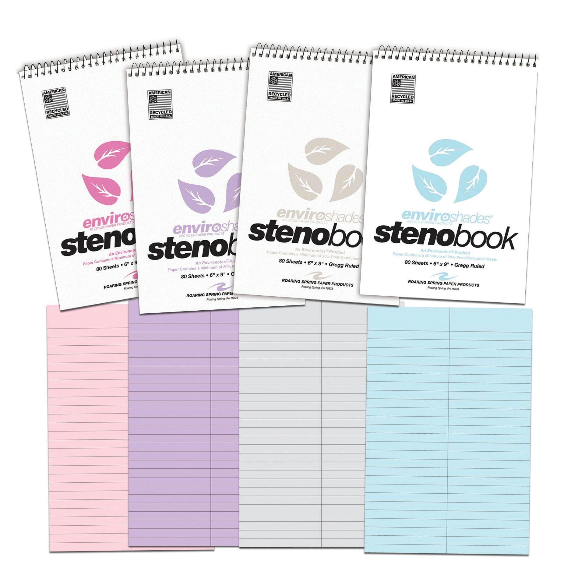 NOTEBOOK STENO 6X9 GREGG RULED ASST COLORS 80 SHTS ENVIROSHADES PK OF 4