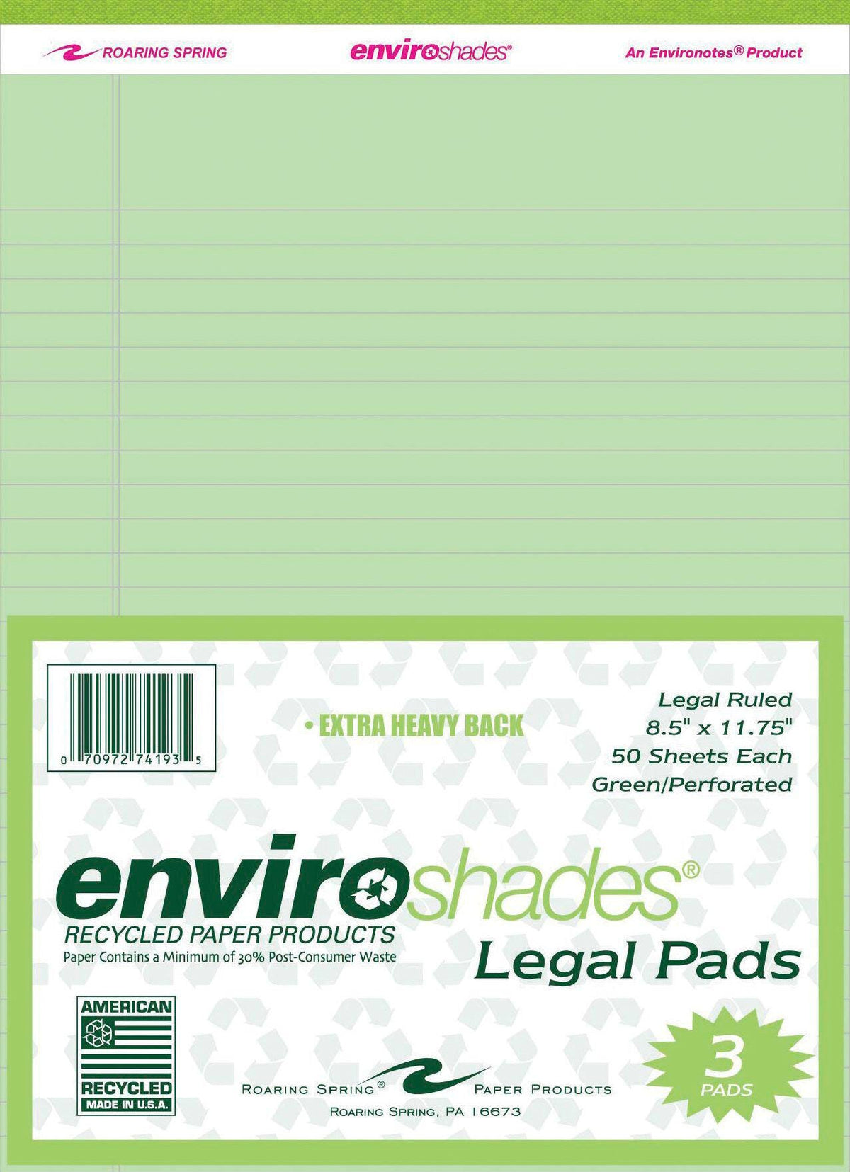 PAPER LEGAL PAD 8.5X11.75 GREEN 50 SHEETS PK OF 3