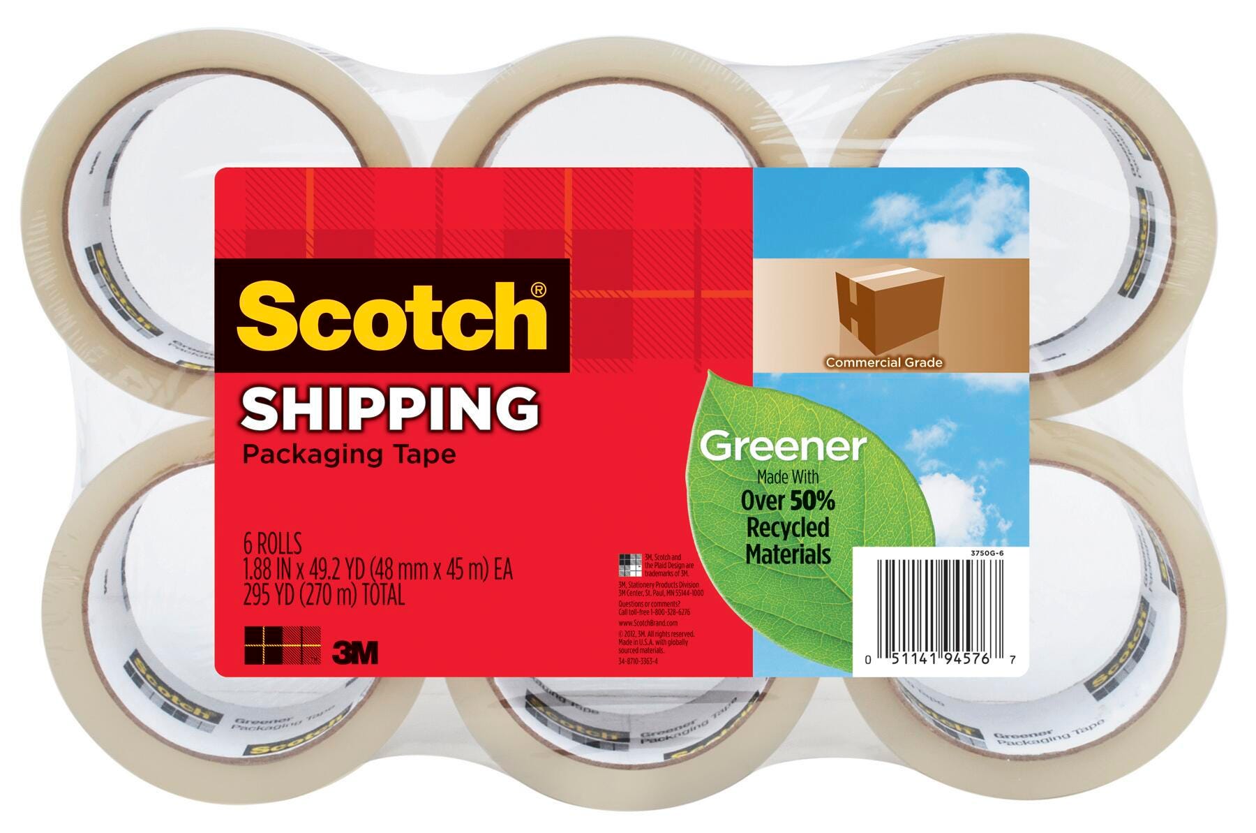 TAPE GREENER COMRCL GRADE SHP/PKG TAPE 1.88 X 49.2 YDS PACK OF 6