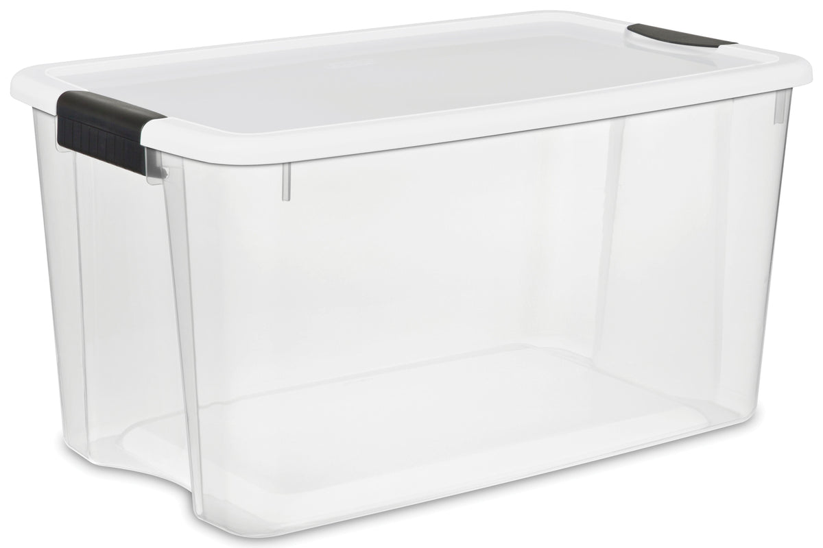 70 QT ULTRA LATCH BOX CLEAR WITH WHITE LID AND BLACK LATCHES