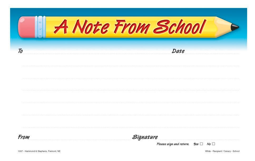 FORM COMMUNICATION NOTE FROM SCHOOL 5X8 CBLS W/C 2PT 50 SETS/PAD 1037