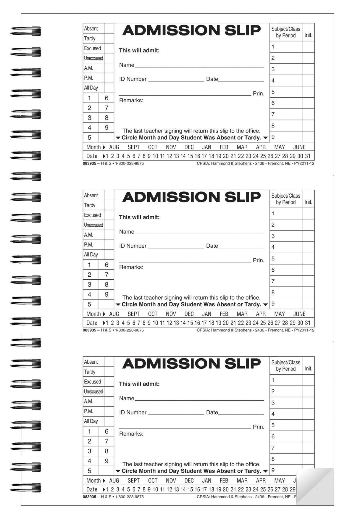 BOOK COMMUNICATION ADMIT SLIP -MT 5 1/2X8 5/8 B/W CBLS EACH