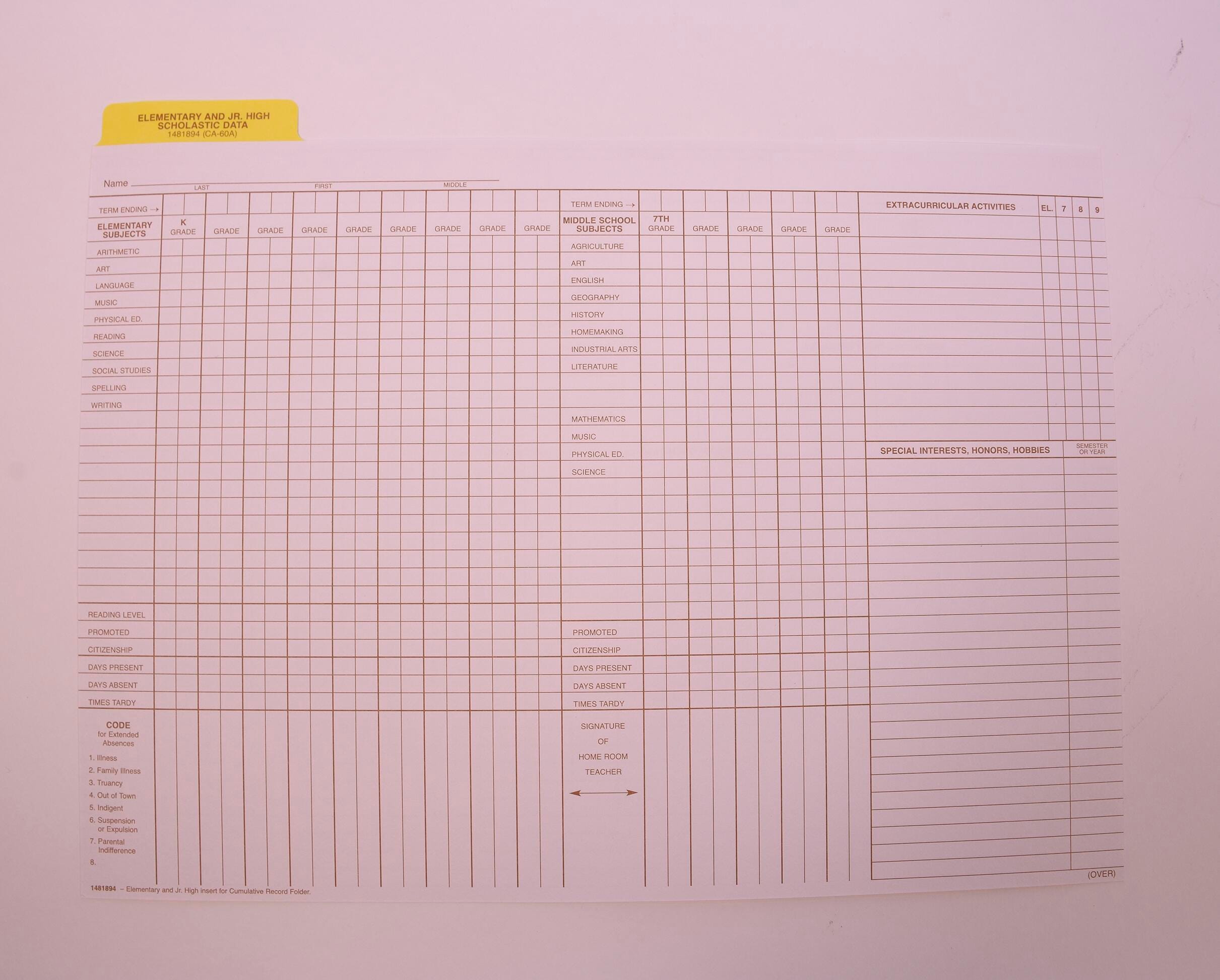 FOLDER CUMULATIVE RECORD DATA INSERT 9X11-3/4 PACK OF 25