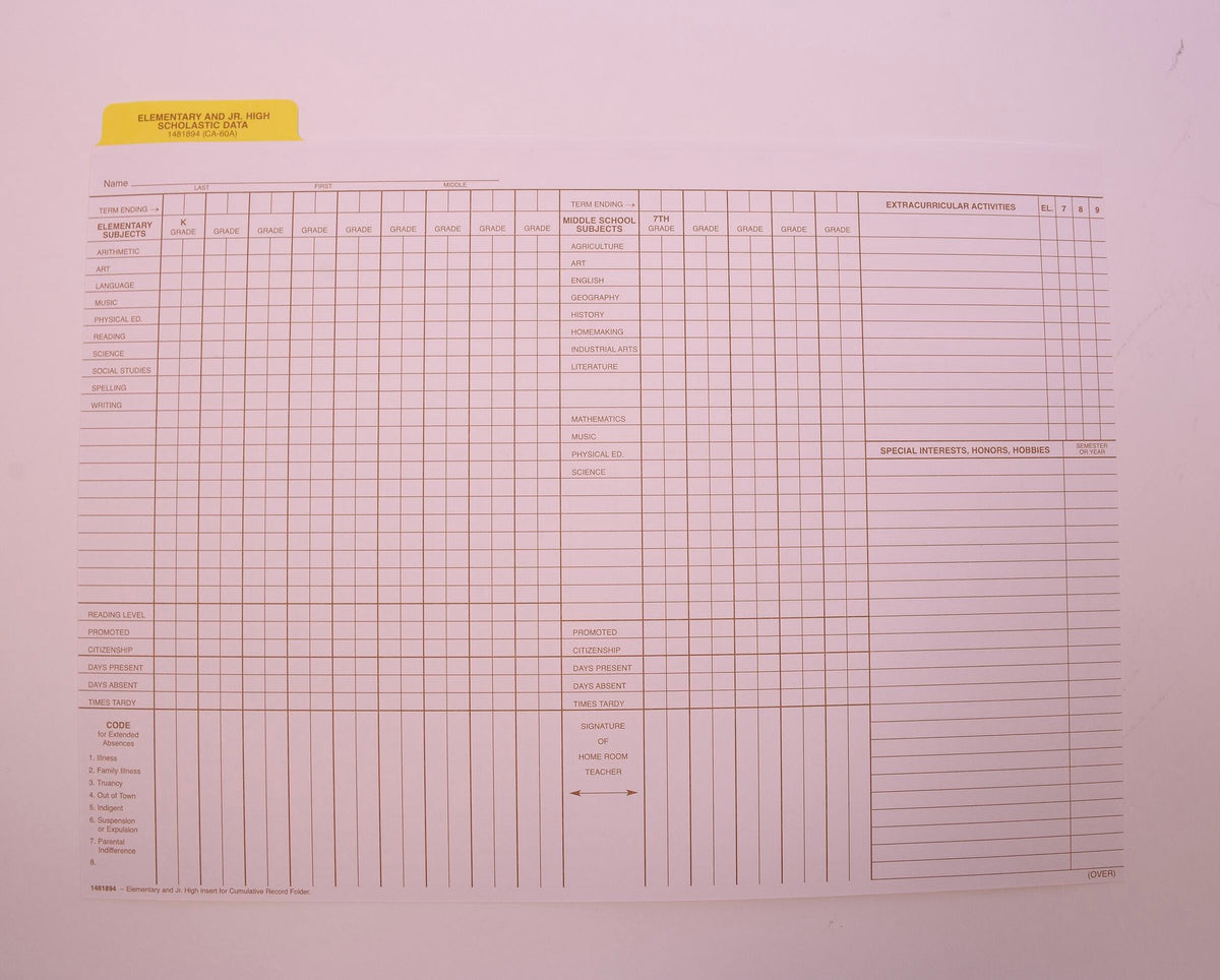 FOLDER CUMULATIVE RECORD DATA INSERT 9X11-3/4 PACK OF 25