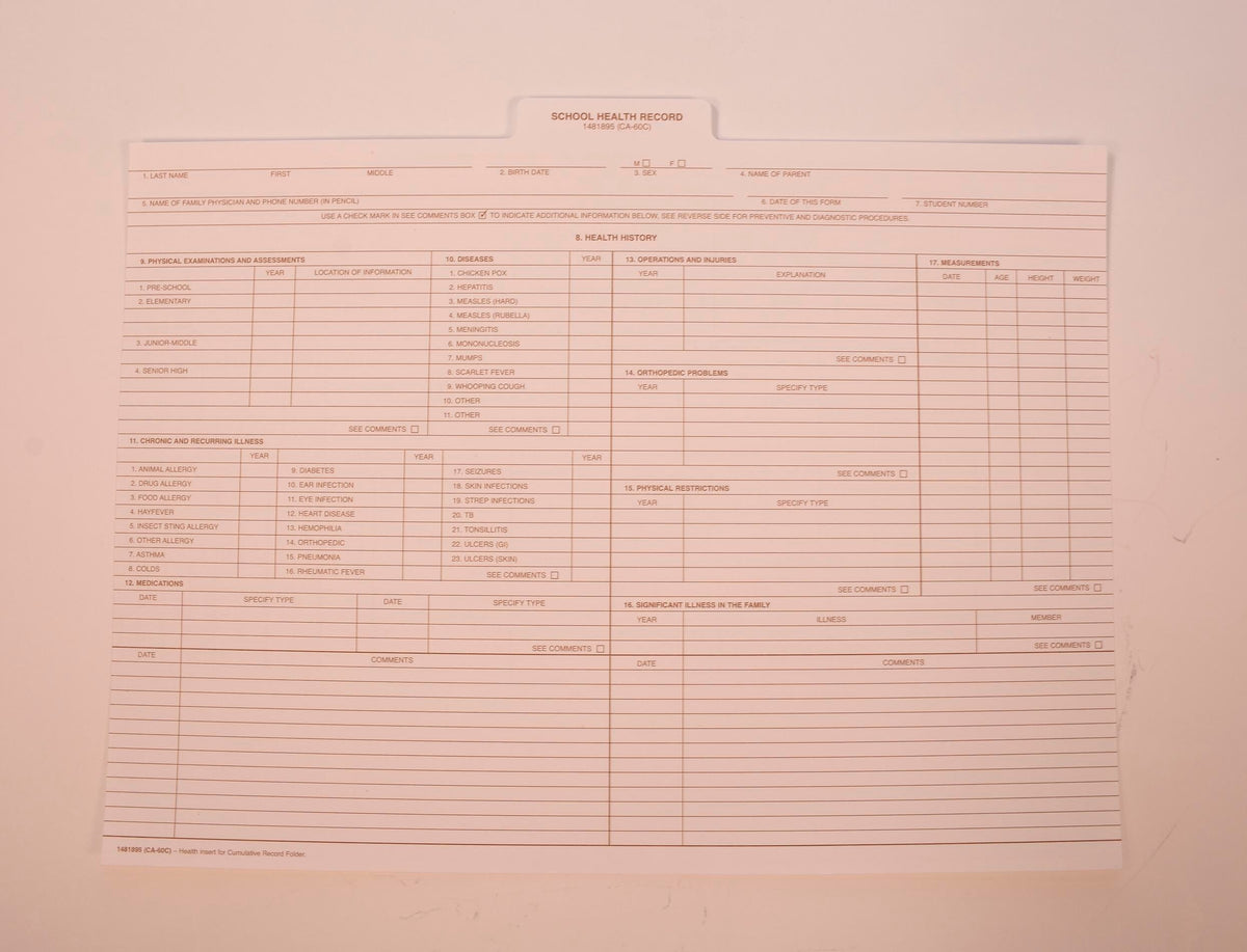 FOLDER CUMULATIVE RECORD HEALTH INSERT 9X11-3/4 PACK OF 25