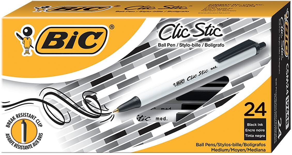 PEN BIC CLIC STIC 1.0MM MEDIUM POINT BLACK PACK OF 24