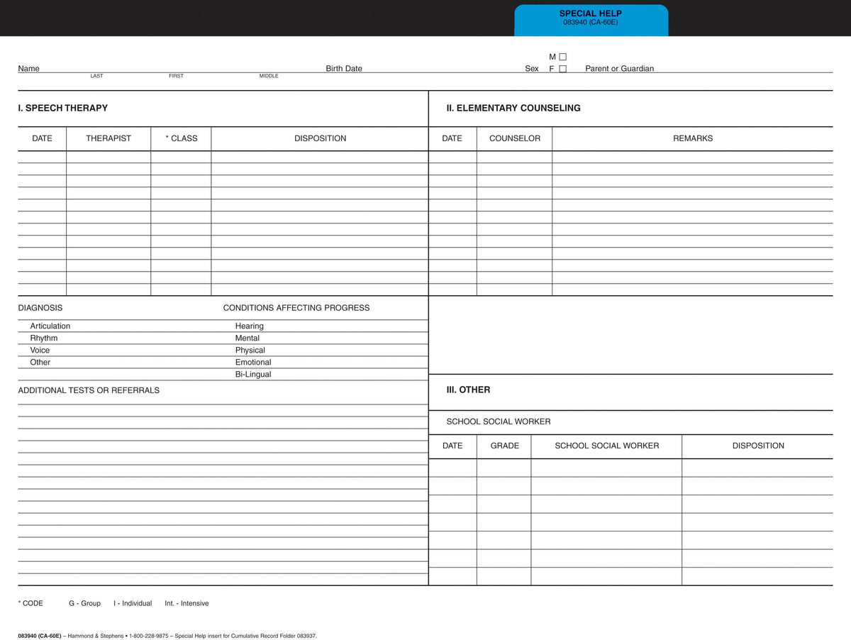 FOLDER.CUM RECORD.CA SP HELP 60E INSERT BLUE.9X11 3/4 PACK OF 25