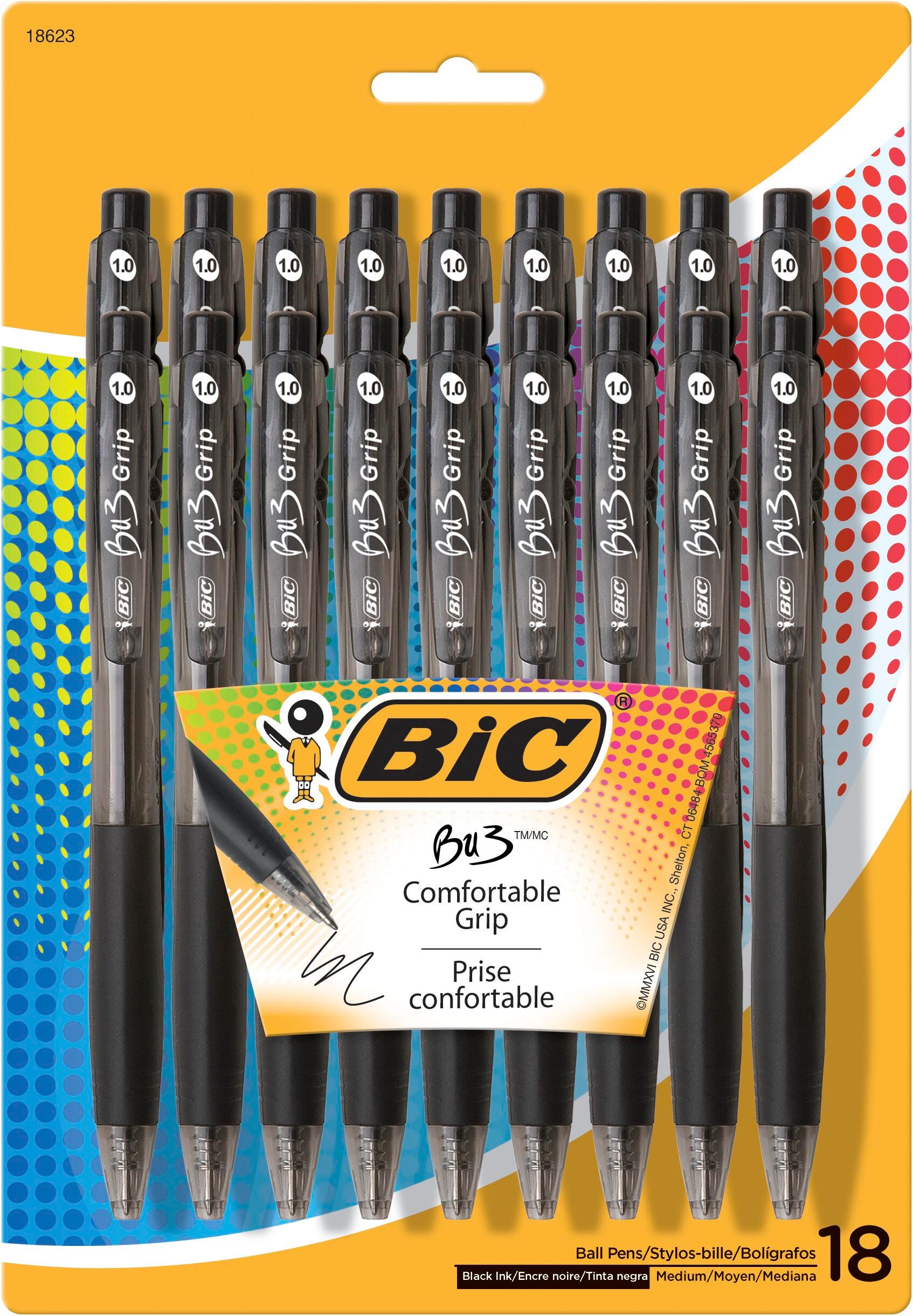 PEN BIC BU3 GRIP RETRACTABLE BALLPOINT BLACK PACK OF 18