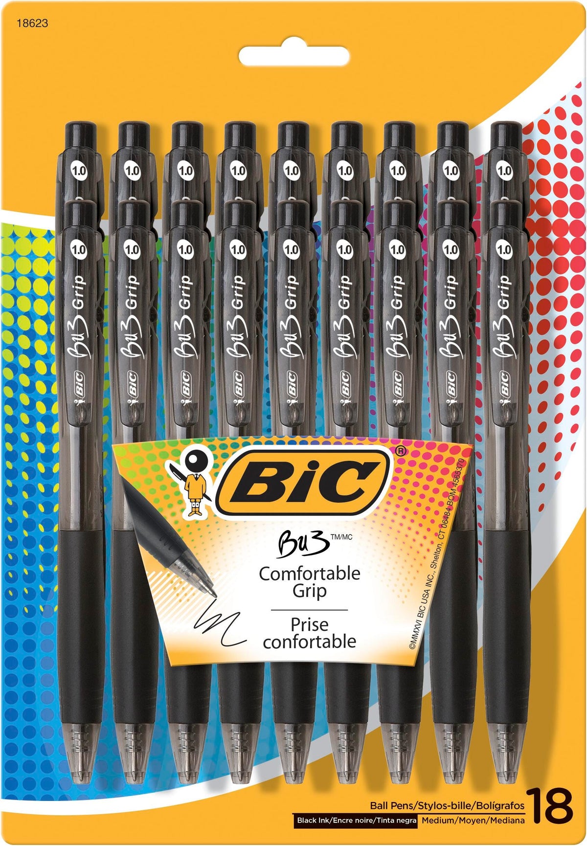 PEN BIC BU3 GRIP RETRACTABLE BALLPOINT BLACK PACK OF 18