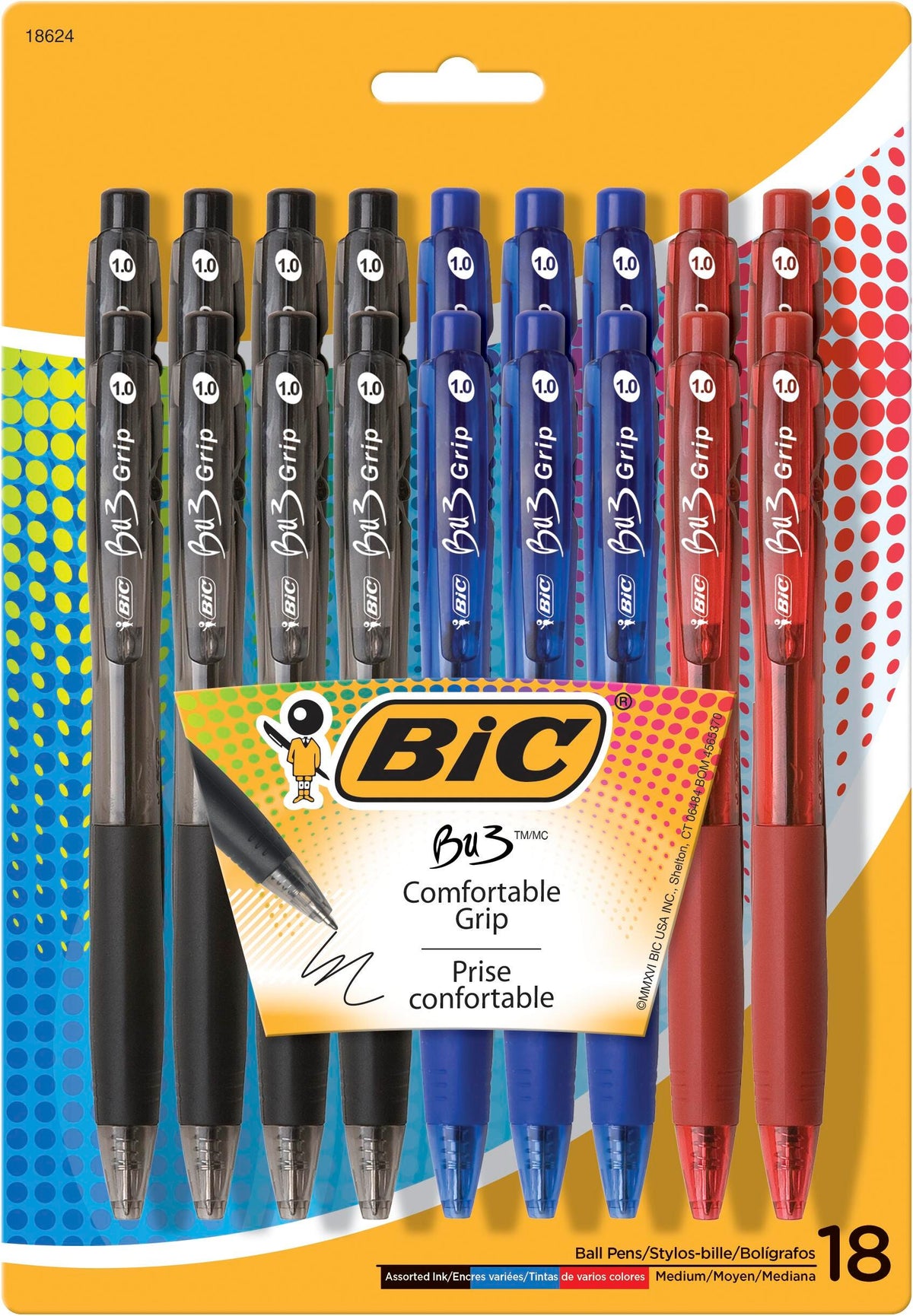 PEN BIC BU3 GRIP RETRACTABLE BALLPOINT ASST CLRS SET OF 18