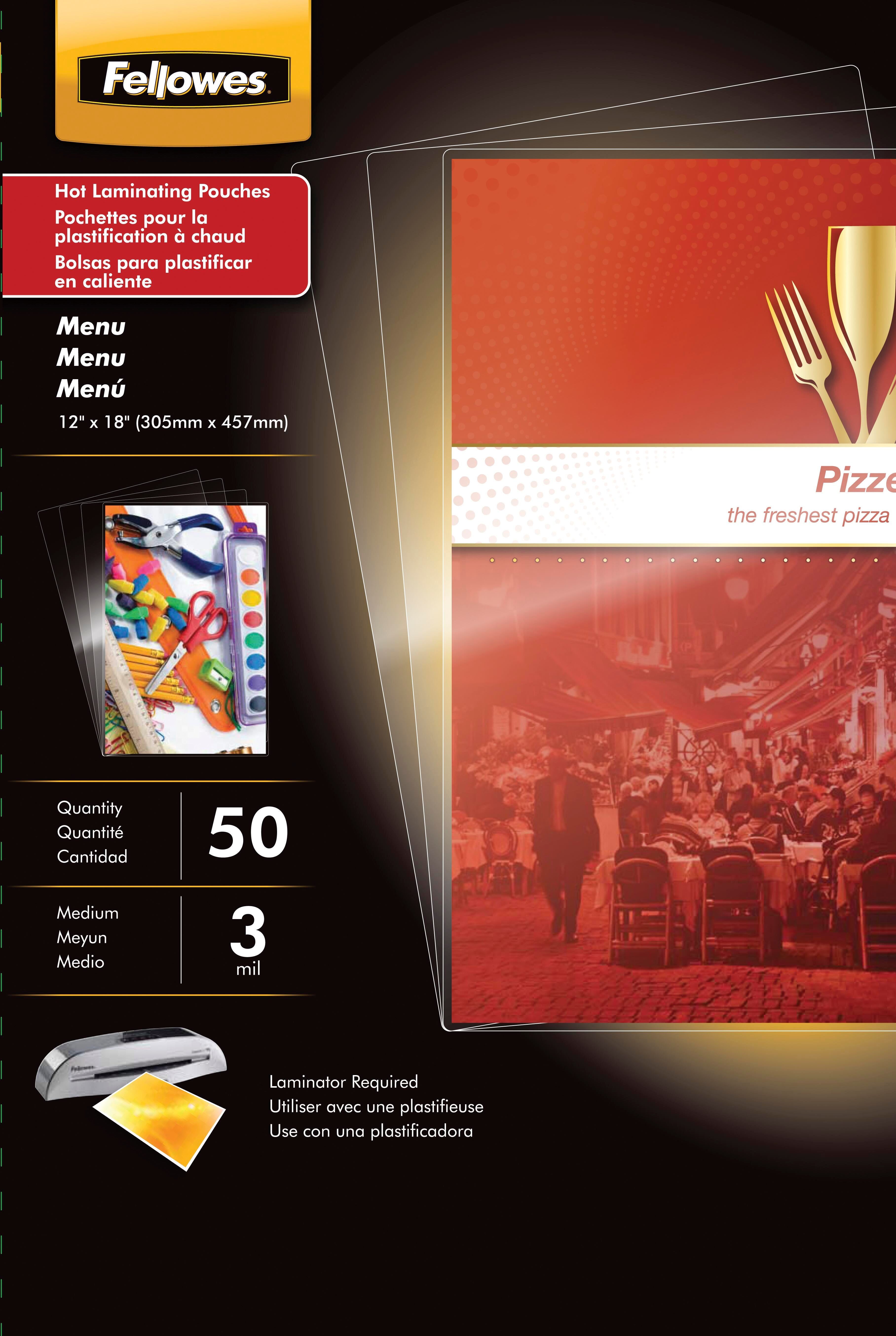 LAMINATING POUCH - MENU SIZE - 11-1/2 X 17-1/2 INCH - 3MIL - GLOSSY - PACK OF 50