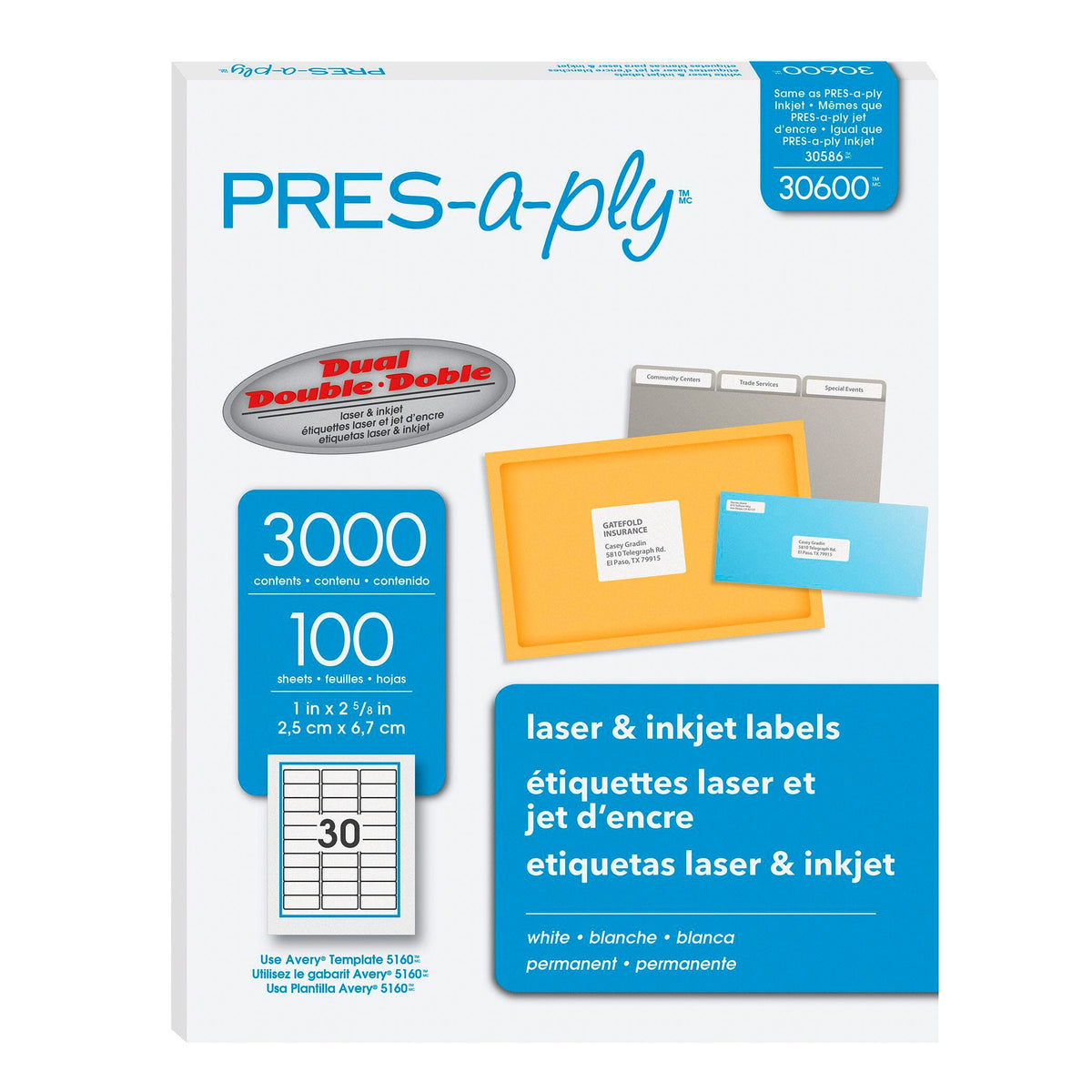 LABEL PRES-A-PLY 1 X 2-5/8 IN PK OF 3000 AVE30600