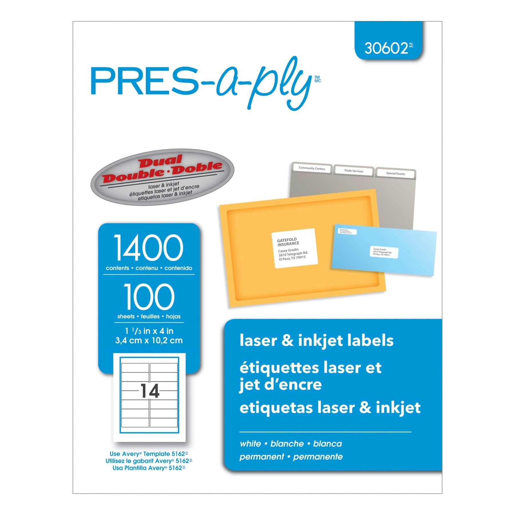 LABEL PRES-A-PLY 1-1/3 X 4 IN PK OF 1400 AVE30602
