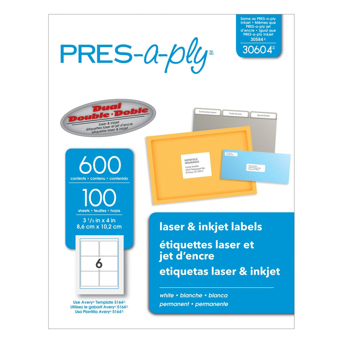 LABEL PRES-A-PLY 3-1/3 X 4 IN PK OF 600 AVE30604