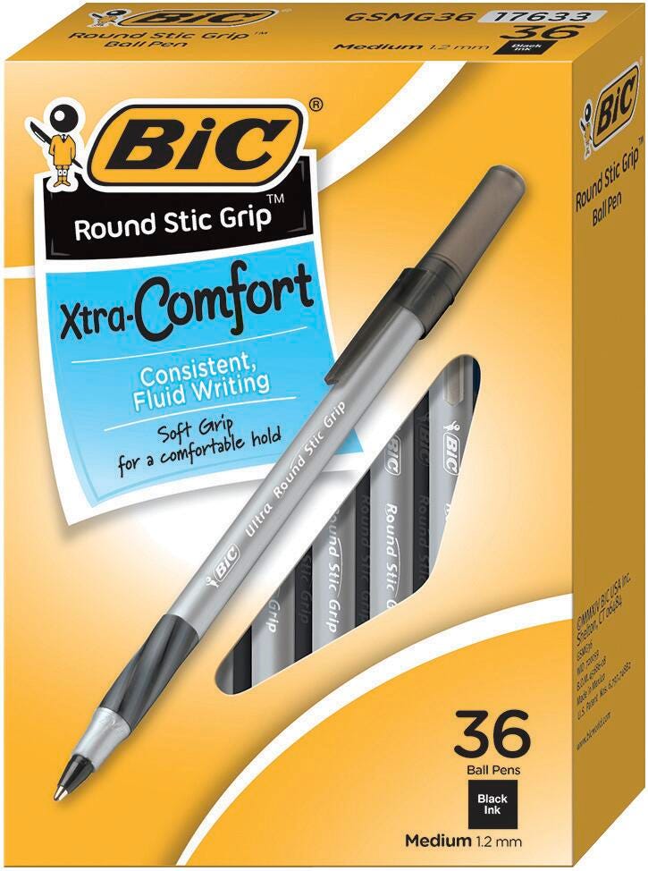 PEN ROUND STIC GRIP XTRA COMFORT MED 1.2MM BLACK PACK OF 36