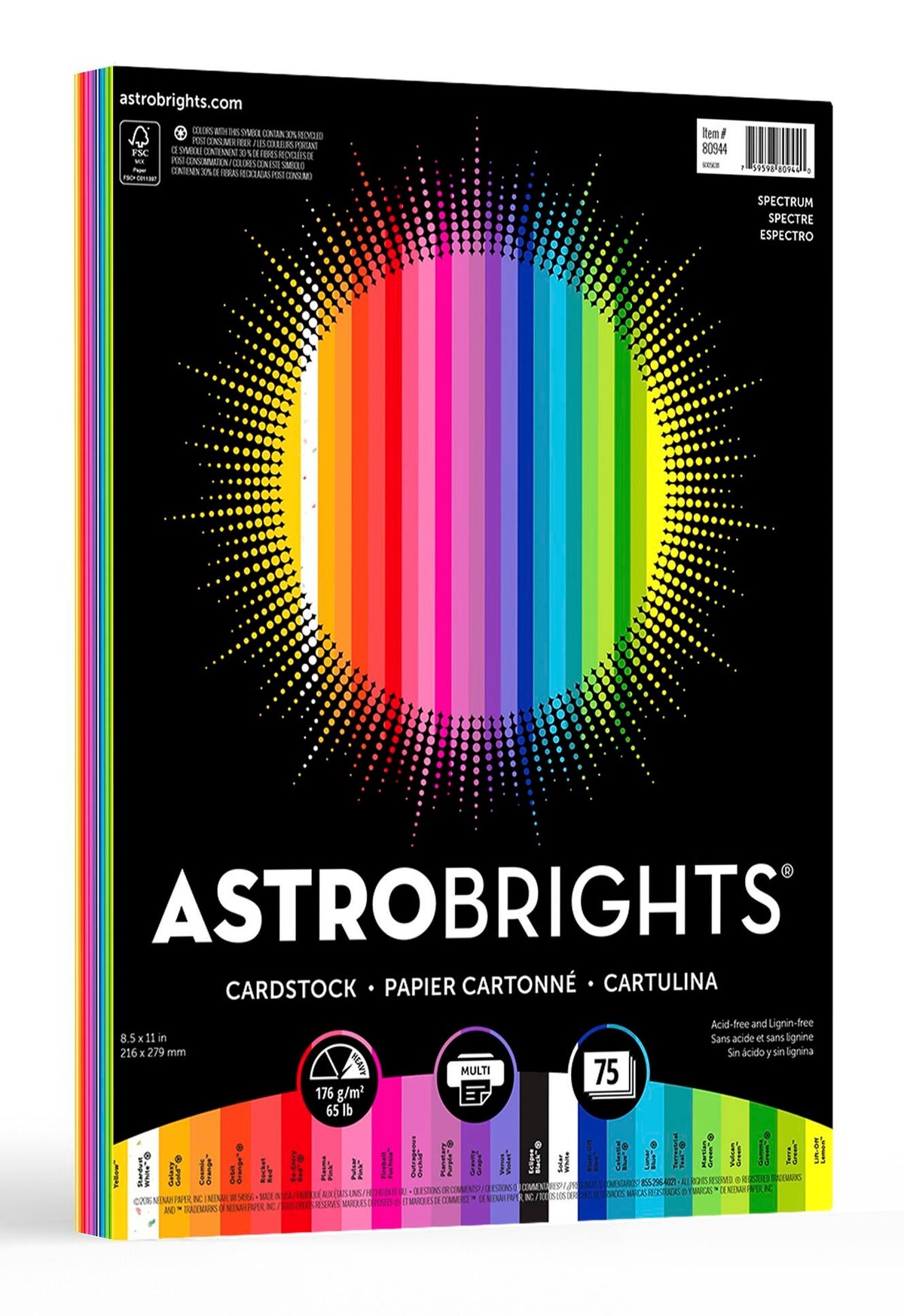 PAPER ASTROBRIGHTS 8.5X11 25 COLOR SPECTRUM 65LB PACK OF 75
