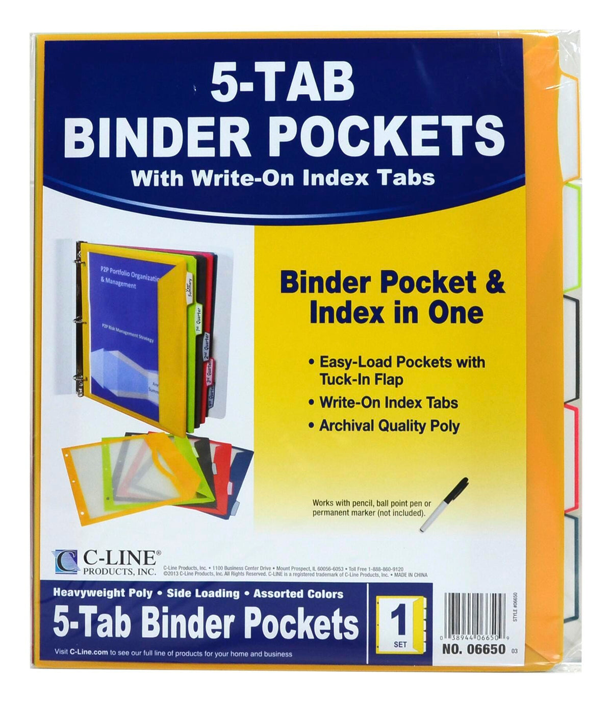 BINDER POCKET WRITE ON 5 TAB ASST COLOR
