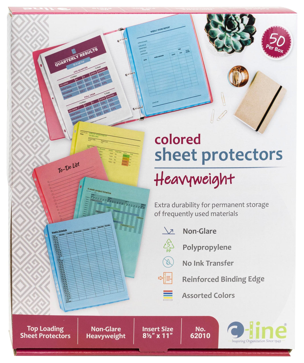 SHEET PROTECTOR TOP LOAD 8.5X11 IN ASST COLOR PK OF 50