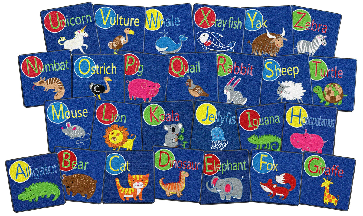 FLAGSHIP CARPETS - ALPHABET ANIMAL SEATING - SET OF 26 - 16-INCH SQUARES - PRIMARY COLOR