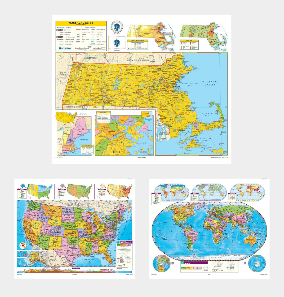 MAP NYSTROM MASSACHUSETTS/ US/WORLD COMBO