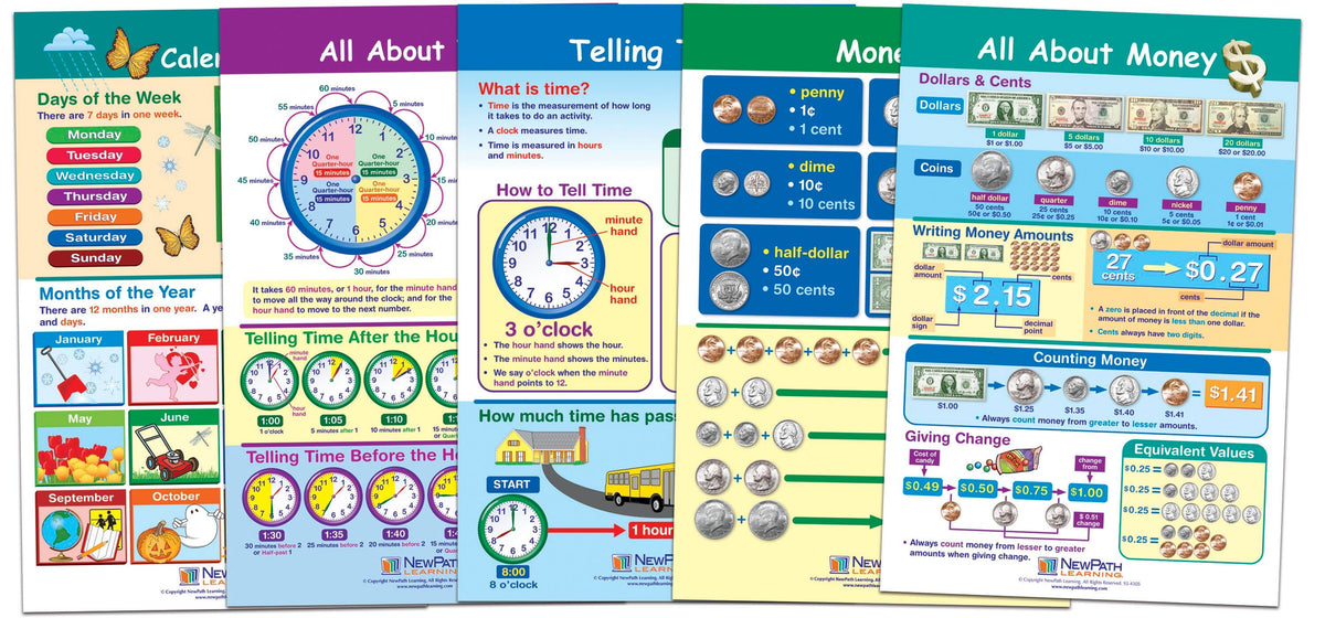 BULLETIN BOARD CHART SET MATH TIME AND MONEY SET OF 5