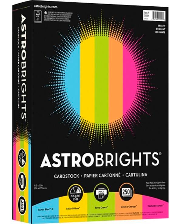 PAPER CARDSTOCK ASTROBRIGHTS 8.5X11 IN 65LB ASST BRIGHTS 250 SHTS