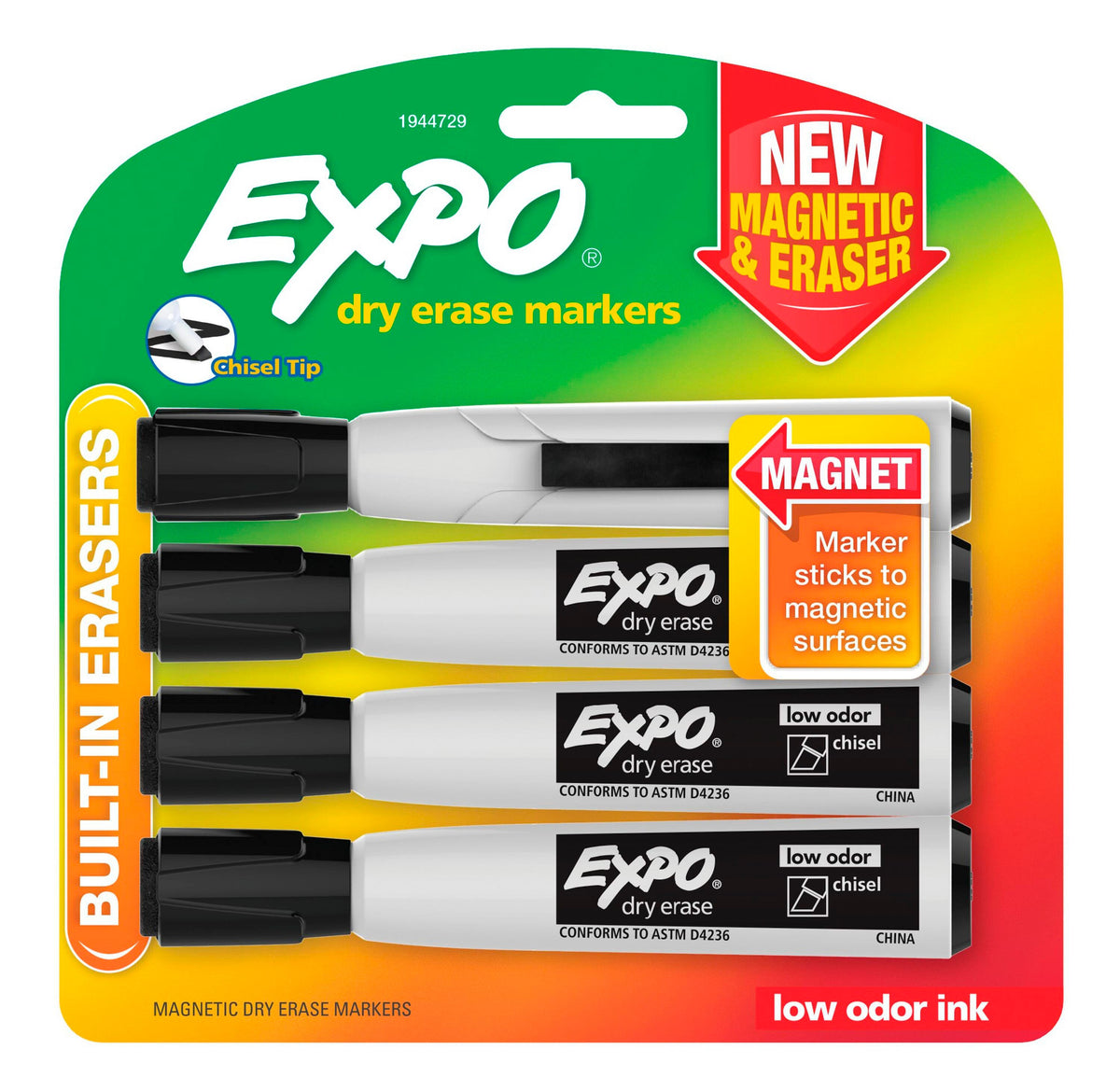 MARKER DRY ERASE EXPO MAGNETIC CHISEL BLACK PACK OF 4