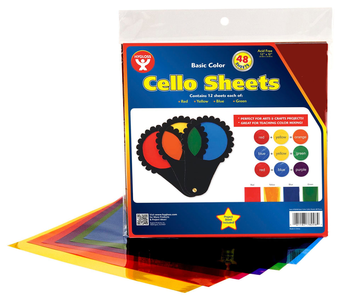 CELLOPHANE CELLO SHEETS 12X12 IN PRIMARY COLORS PK OF 48