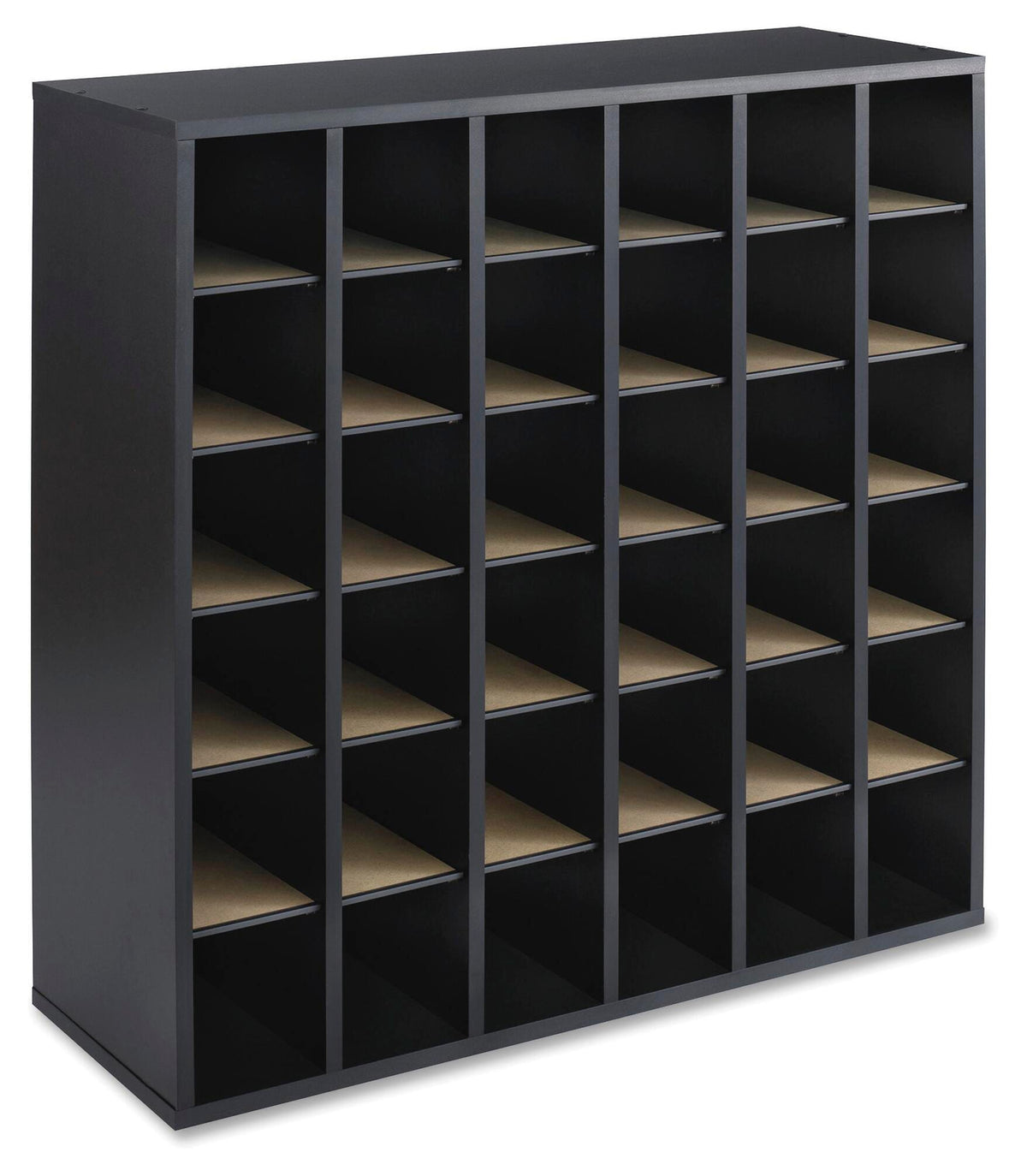 SORTER - WOOD MAIL SORTER - 36 COMPARTMENTS - 33-3/4 W X 12 D X 32-3/4 H IN - BLACK COLOR