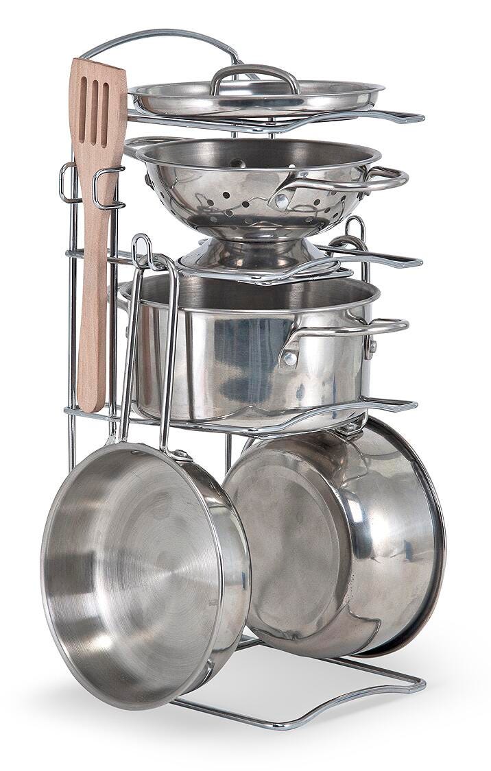 POTS AND PANS WITH HARWOOD UTENSILS AND STORAGE RACK - SET OF 8