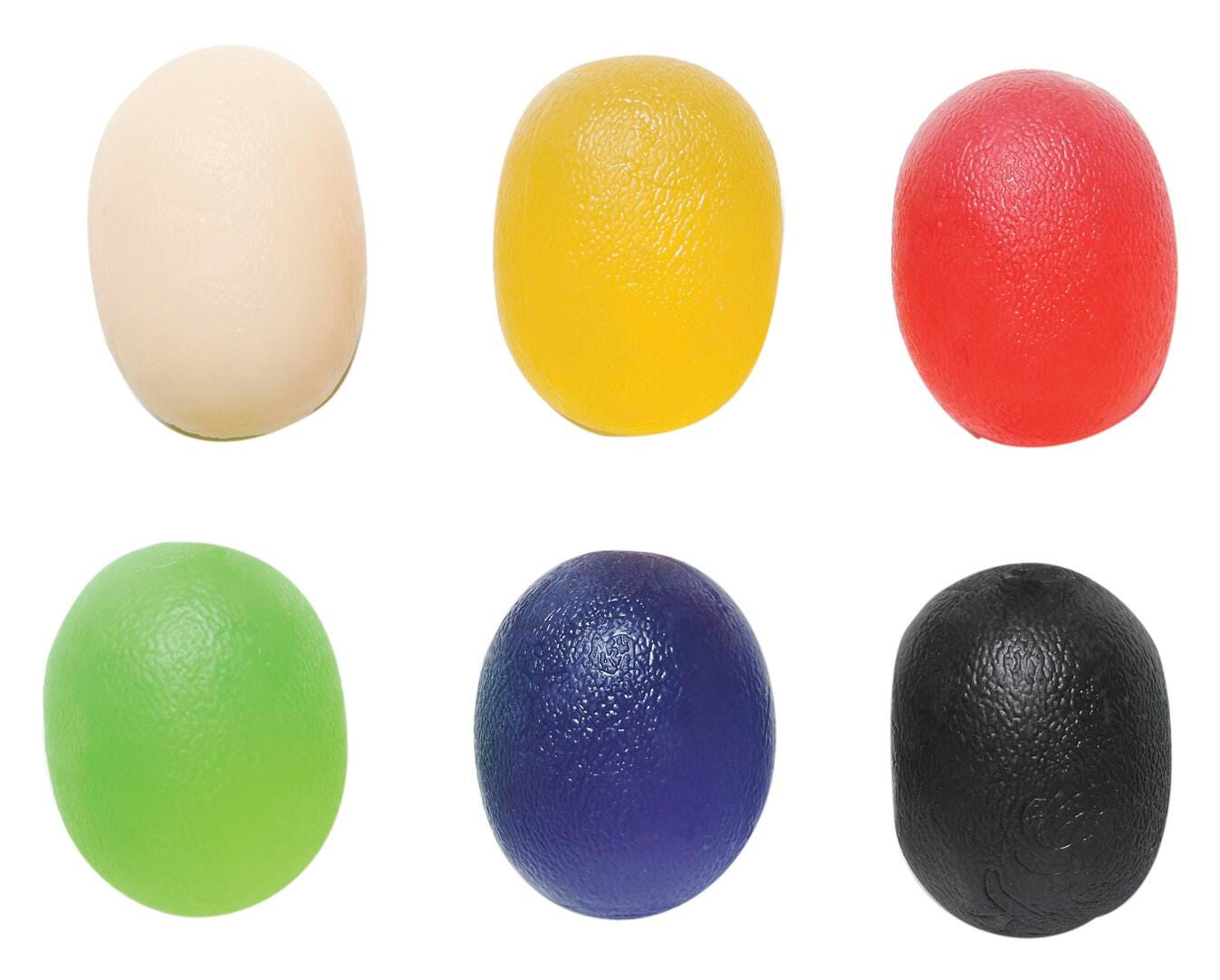 CANDO GEL SQUEEZE BALL - LARGE CYLINDRICAL - TAN-YELLOW-RED-GREEN-BLUE-BLACK - SET OF 6