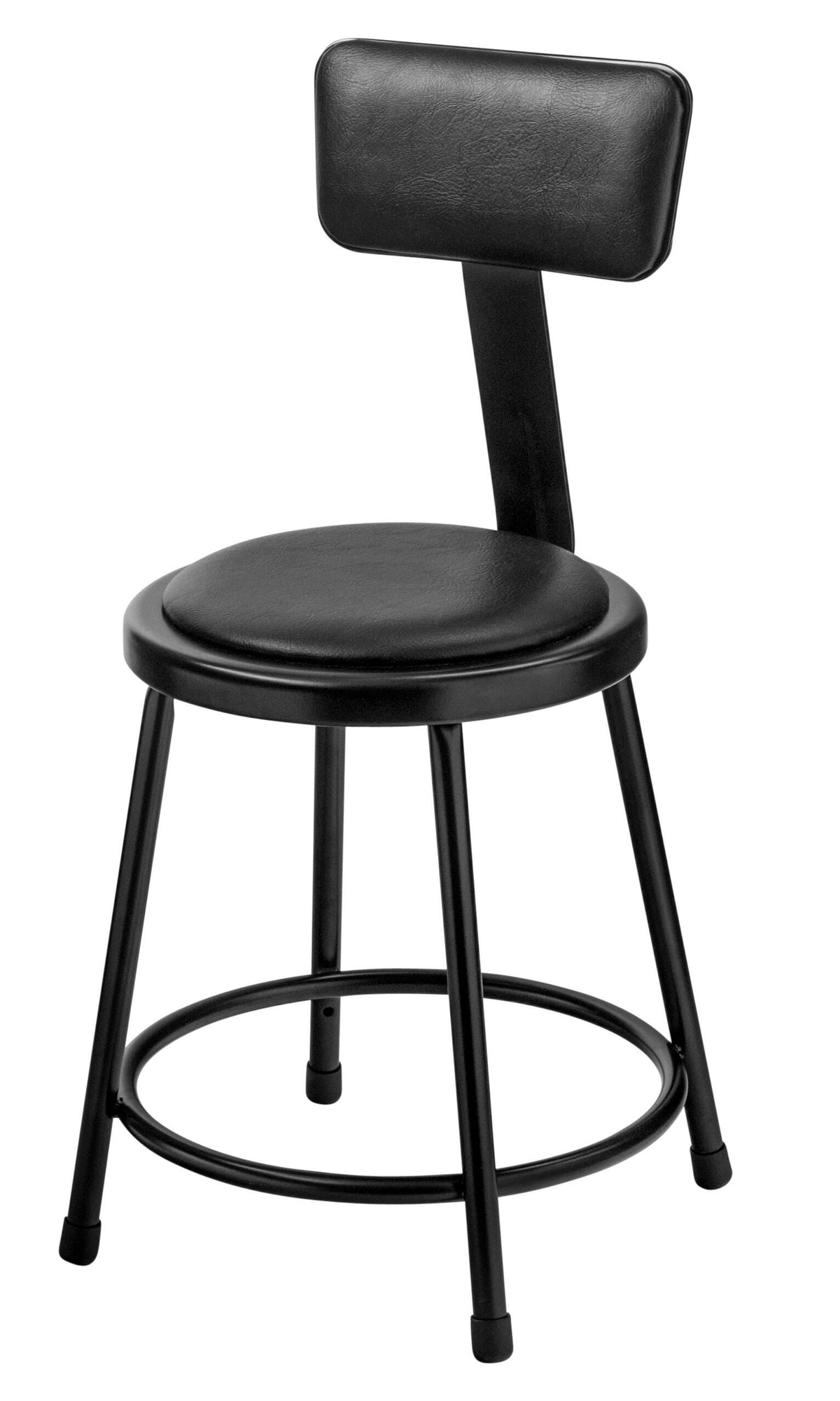 STOOL - NATIONAL PUBLIC SEATING HEAVY DUTY STEEL STOOL - VINYL PADDED INSET - BACKREST - 18 IN FIXED HEIGHT - BLACK