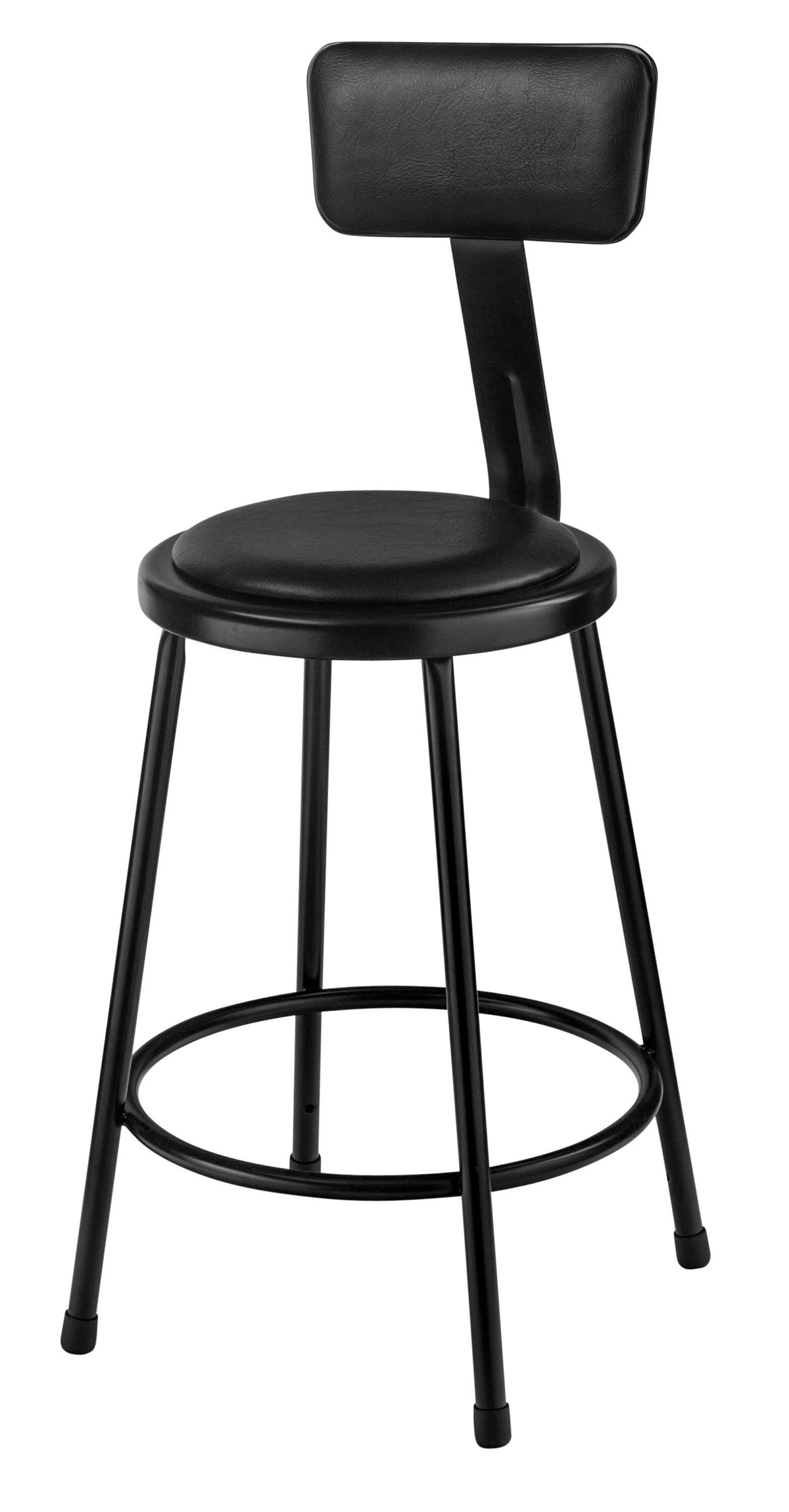 STOOL - NATIONAL PUBLIC SEATING HEAVY DUTY STEEL STOOL - VINYL PADDED INSET - BACKREST - 24 IN FIXED HEIGHT - BLACK