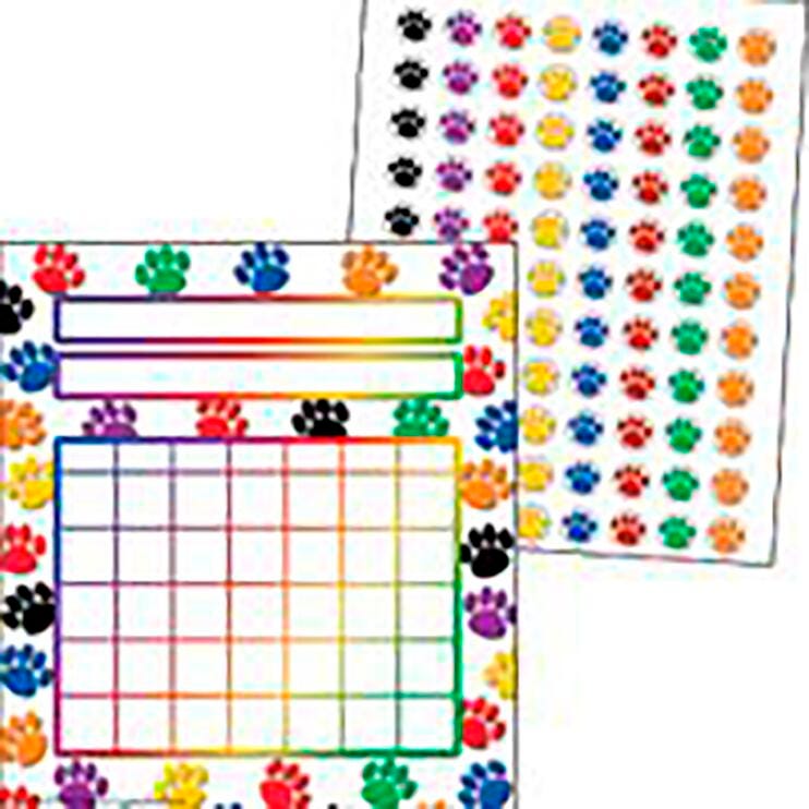 INCENTIVE CHARTS AND STICKERS COLORFUL PAW PRINTS SET