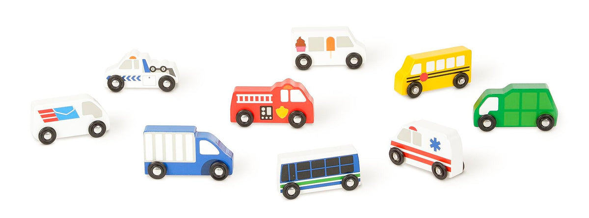 WOODEN TOWN VEHICLES - SET OF 9