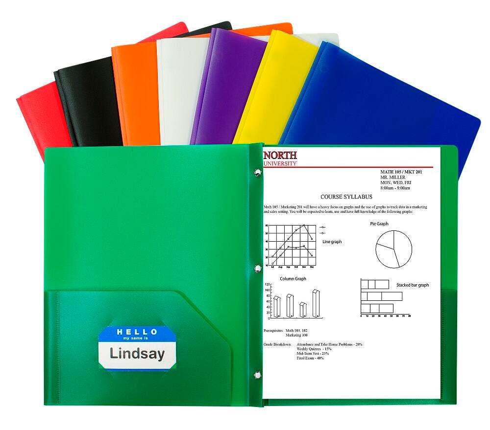 FOLDER 2-POCKET POLY W/PRONGS ASST COLOR SET OF 36