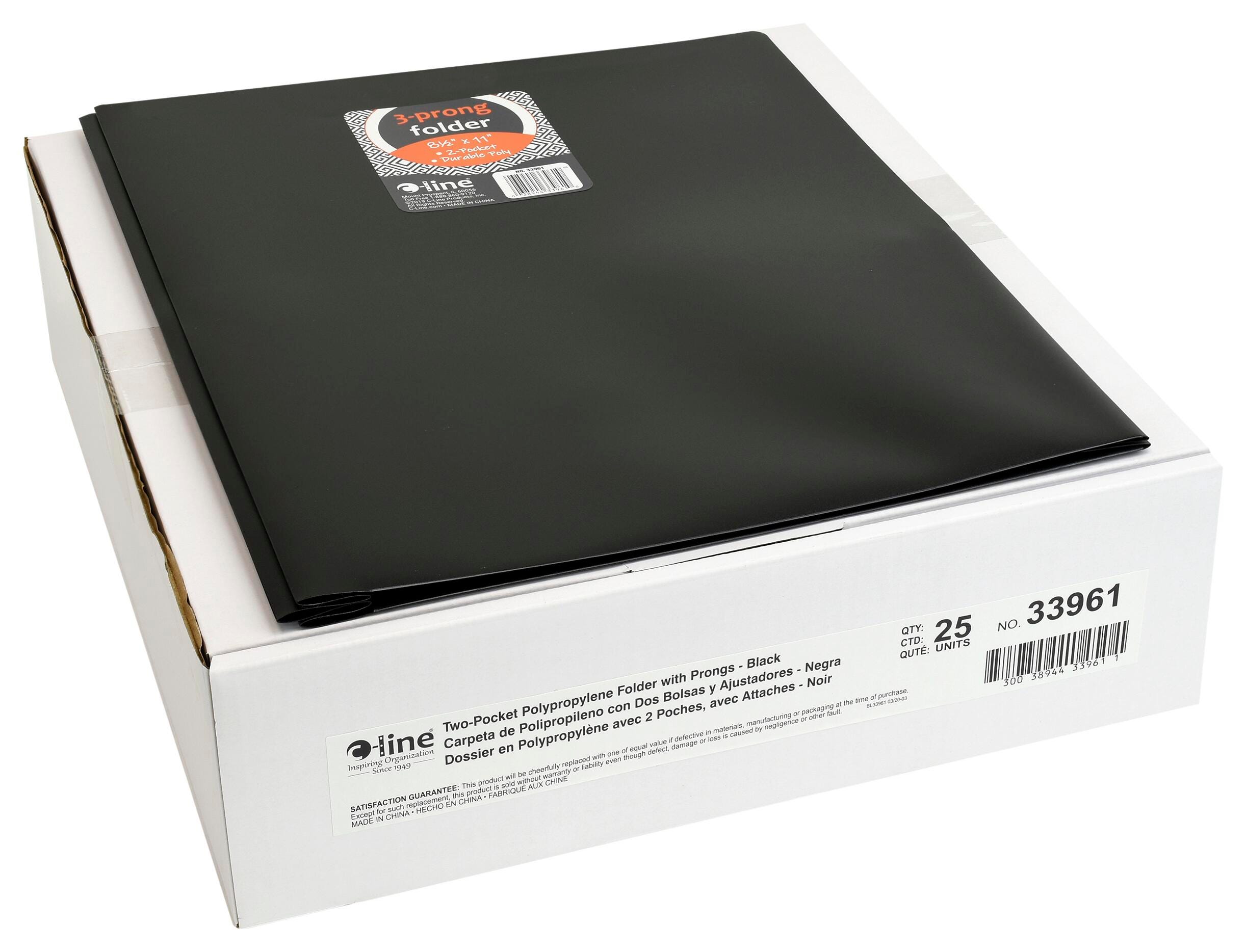 FOLDER 2-POCKET POLY W/PRONGS BLACK PACK OF 25