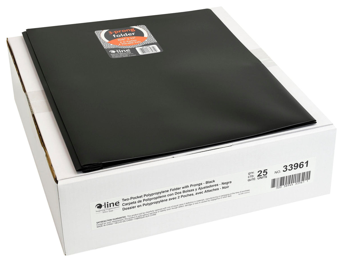 FOLDER 2-POCKET POLY W/PRONGS BLACK PACK OF 25